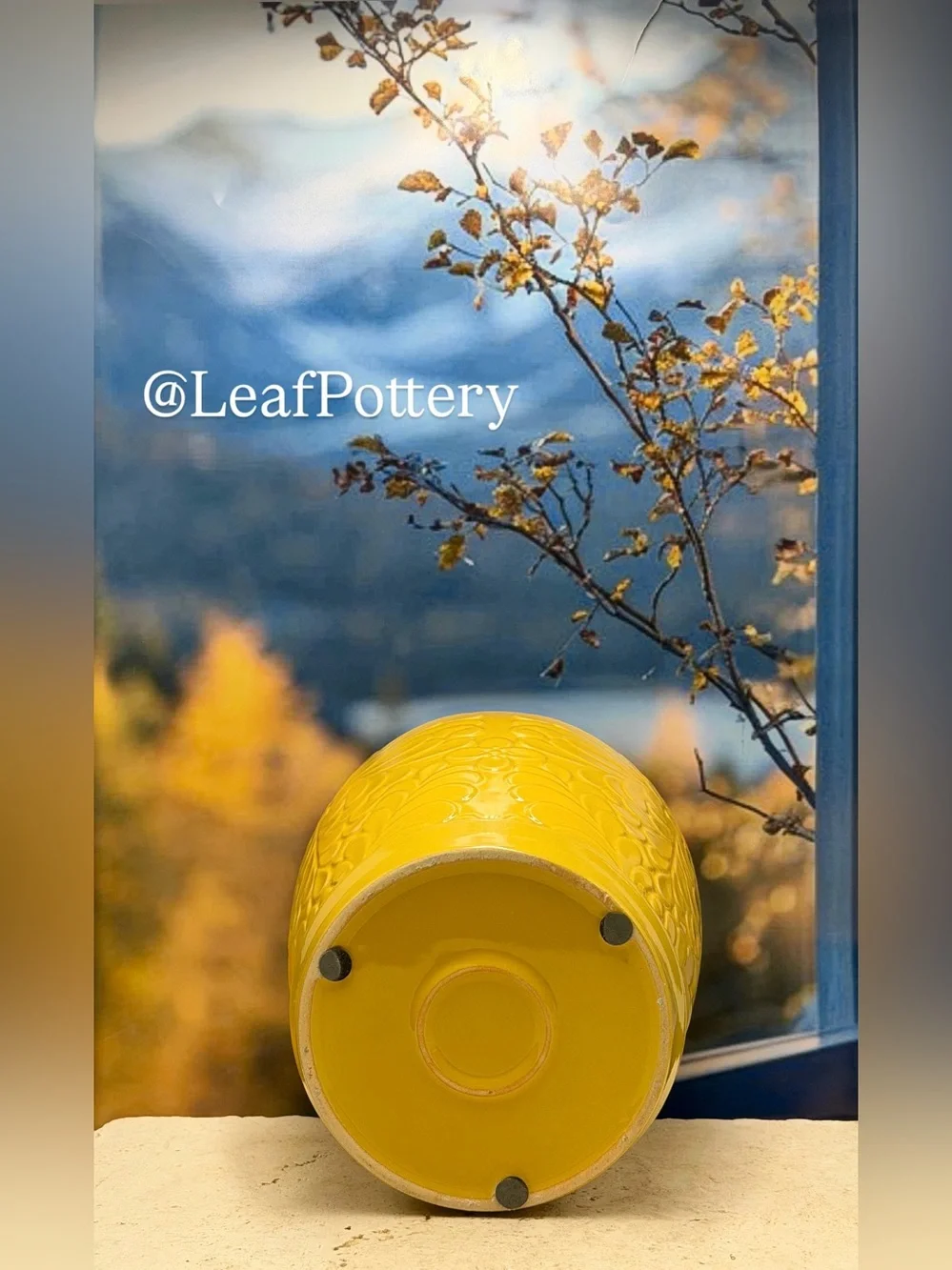 Yellow Floral Ceramic Planter Pot with Saucer Attached 8 Inch Flower Pot